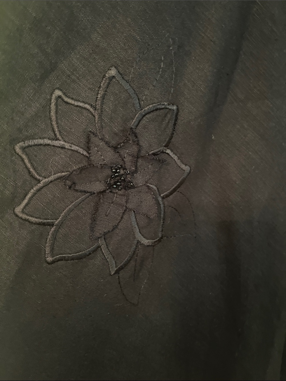 Adrianna Papell Black Linen Midi Dress Floral Appliqué - Picture 3 of 4